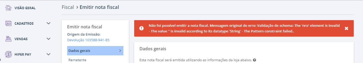 Erro: Validação de schema: The 'nro' element is invalid - The value ...
