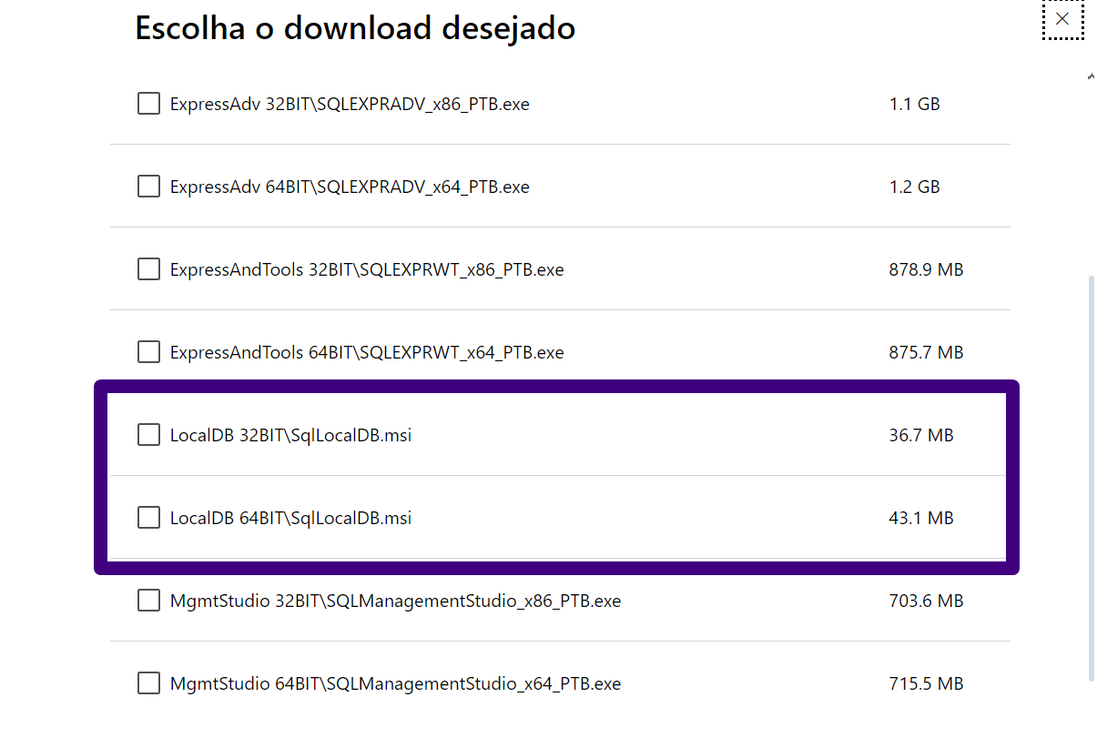 Como instalar uma instância LocalDB