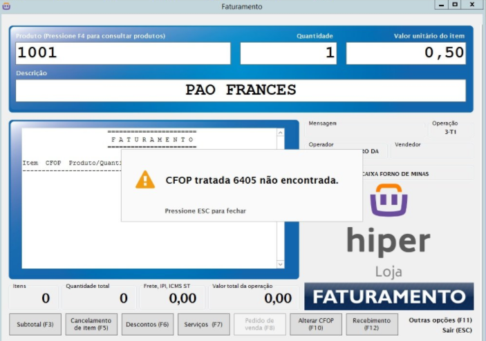 Erro: CFOP tratada 6405 não encontrada